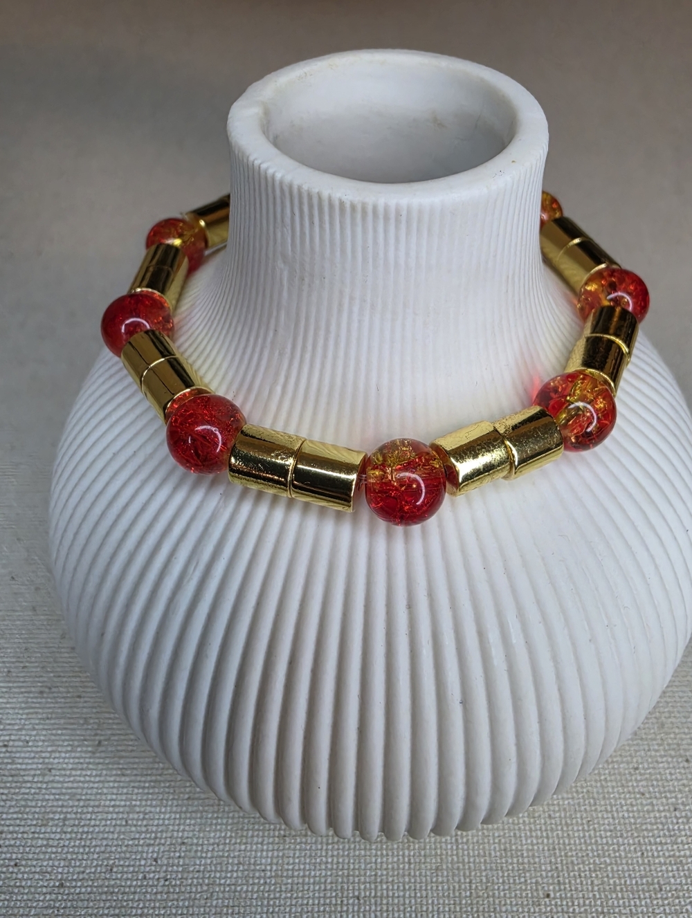 Bold Red Crackle Glass & Gold Hematite Stretch Bracelet